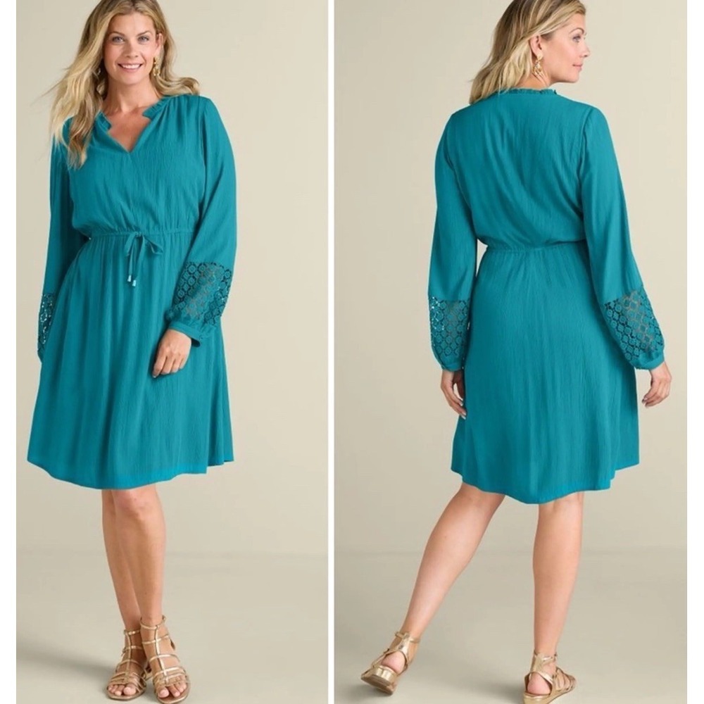 Soft Surroundings Meara Dress Women's Large Teal Crotchet Cinch Waist Pockets